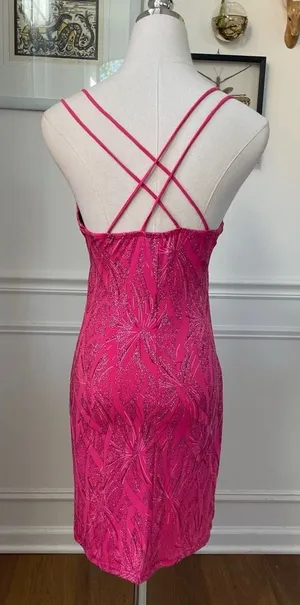 Vintage Y2K Ynes Stretchy BodyCon Mini Dress Bold Pink Glitter S thumbnail 1