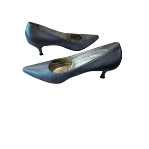 Escada Kitten Heel Pumps Size 8.5 Blue Metallic Pointed Toe Leather Italy thumbnail 5
