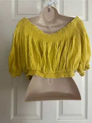 Free People Yellow Off-Shoulder Smocked Button-Front Crop Top thumbnail 3