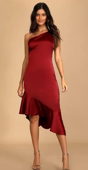Lulus Burgundy Satin Midi Dress thumbnail 1