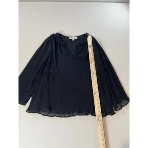 Loft Black Pleated Chiffon Long Sleeve Sheer Sleeve Ruffle Neck Blouse Size M thumbnail 4