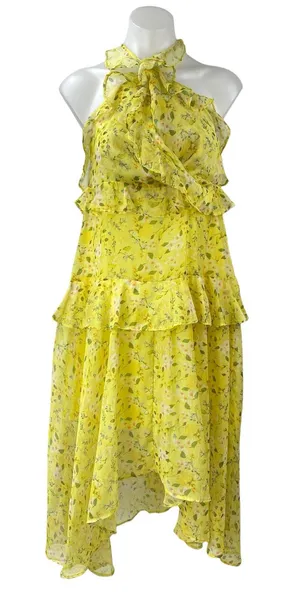 Aqua Yellow Floral Ruffled Silk Sleeveless Halter Neck Zip Midi A-Line Dress M thumbnail 1