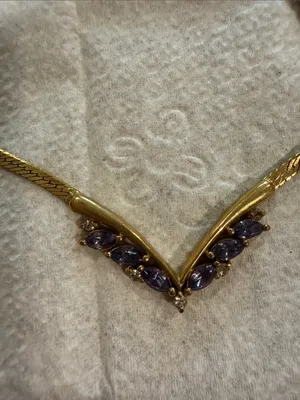 Vintage Gold-Tone V-Detail Necklace with Purple Stone Accents thumbnail 2