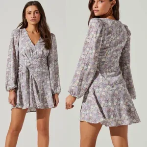 ASTR The Label Long Sleeve Mini Floral Dress in Lavender Romantic Boho Garden thumbnail 2