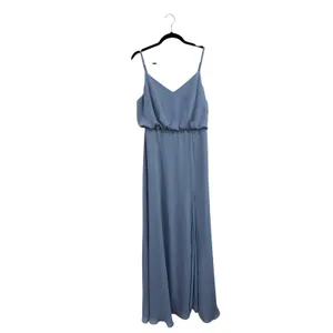 Birdy Grey Gwennie French Blue Chiffon V-Neck Maxi Bridesmaid Dress Slit Size L thumbnail 2