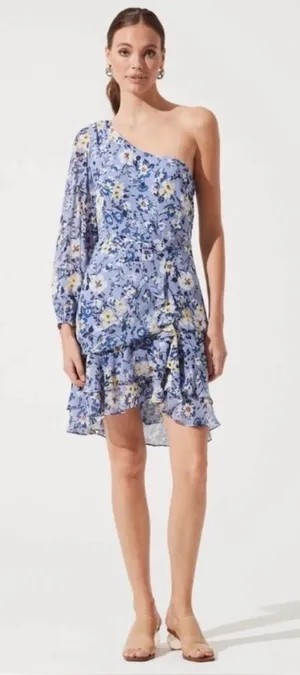 ASTR Floral One Shoulder Periwinkle Ruffle Mini Dress Size Large thumbnail 1