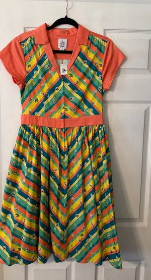 Disney Coral, Teal & Yellow Striped Fit-and-Flare Dress size M length 42” B32” thumbnail 1