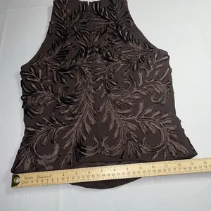 Carmen Marc Valvo‎ Sleeveless Zip Back Embroidered Brown Tank Top 2 thumbnail 7