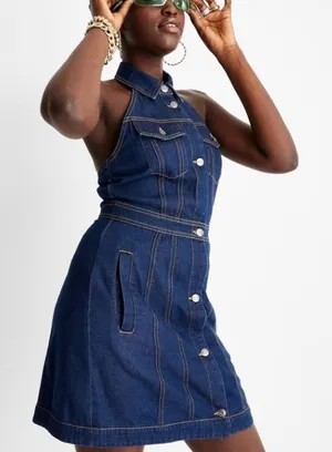 Future Collective dress Alani Noelle halter mini dark denim open back 2 NEW thumbnail 1