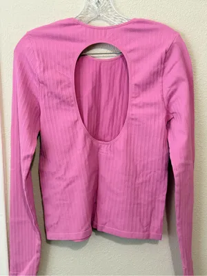 PINK Ribbed Long Sleeve Top in Bright Pink thumbnail 4