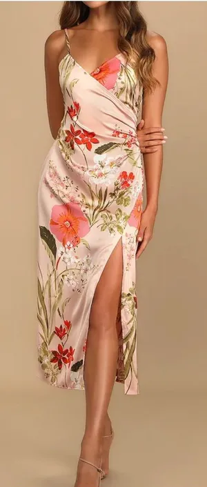 Lulus Remarkable Entrance Pink Floral Print Satin Midi Dress thumbnail 1