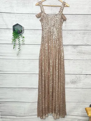 Couture Gold Sequin Sparkling Off Shoulder Formal Evening Gown Size Small Tall thumbnail 13