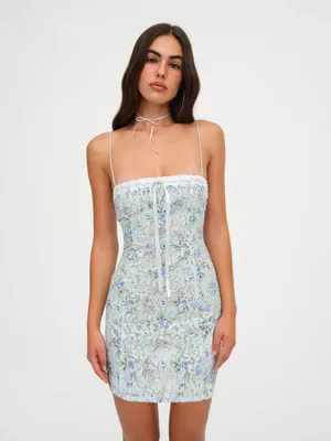 For Love & Lemons Small $198 Claire Lace Floral Mini Dress Lace Ribbon Bow thumbnail 2