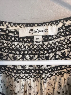Madewell XS Embroidered Boho Peasant Blouse Cream‎ Black thumbnail 2