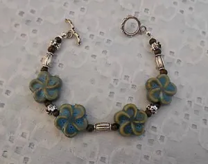 Handmade NEW! Earthy Beaded Toggle Bracelet W Ceramic Flower Beads 7.25” thumbnail 2