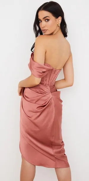 House Of CB NWOT Janis Rouge Satin One Shoulder Draped Midi Dress thumbnail 4