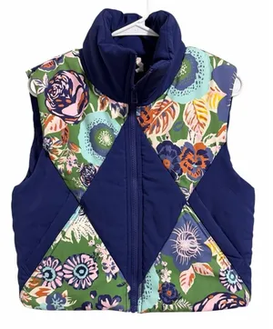 Anthropologie Daily Practice Puffer Vest Blue Patchwork Women's Size Medium‎ thumbnail 1