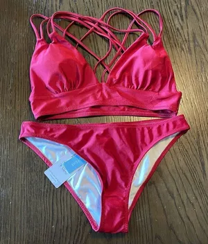 Cupshe red wine strappy bikini set, S, NWT thumbnail 1