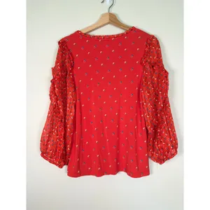 Maeve Anthropologie Red Geometric Dot Mixed Media Ruffle Tie Neck Blouse Medium thumbnail 5