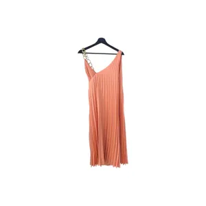 NEW ZARA Pleated Dress with Chain Strap Peach Midi Gold Faux Wrap Surplice XS thumbnail 6