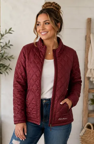 Eddie Bauer Women's Quilted Lightweight Zip-Up Jacket in Burgundy thumbnail 1