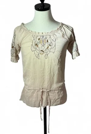 Andrée Cream Floral Embroidered Ruffle Neck Tie Waist Blouse Top Sheer‎ boho thumbnail 1