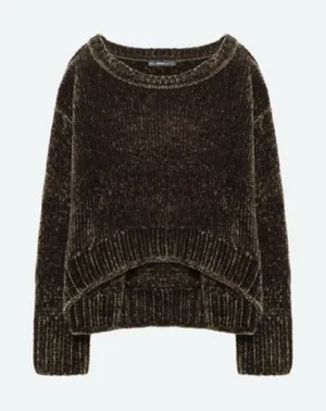 Zara Cropped olive brown chenille oversized wide crew neck sweater M thumbnail 1