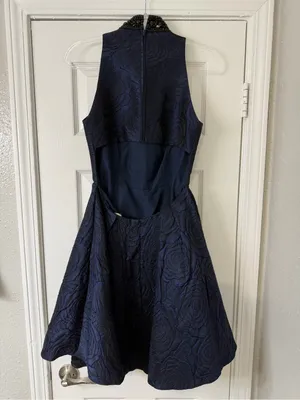 Sherri Hill Navy Halter Fit & Flare Cocktail Dress with Beaded Collar Size 6 Y2K thumbnail 4