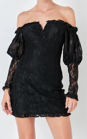Endless Rose Off The Shoulder‎ Dress Size Medium Black Lace Fitted Long Sleeve thumbnail 1