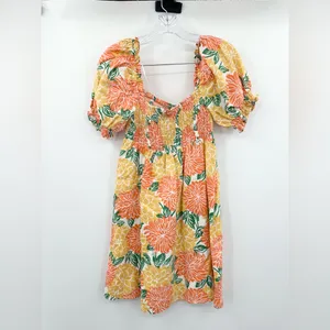 House of Harlow‎ 1960 Smocked Linen Dress Orange Flower Print Mini Size XS thumbnail 3