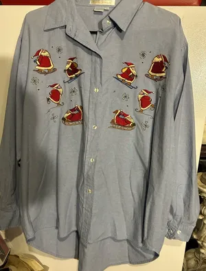 Casey Coleman Top Womens XL Blue Christmas Embroidered Santa thumbnail 1