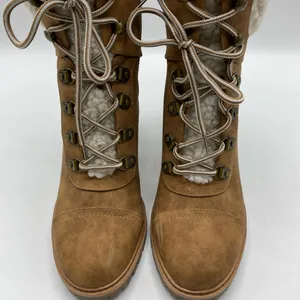 Chunky Heel Lace Up Faux Fur Lined Leather Boots 8.5 Nine West Brown Tan thumbnail 2