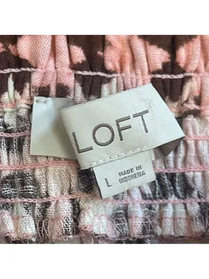 LOFT Geometric Print Linen blend Smocked Swing Tank Top Pink White Brown Size L thumbnail 8