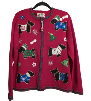 VTG Heirloom Collectibles Red Christmas Dog Applique Cardigan Sweater Size M thumbnail 1