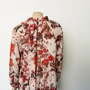 [H&M] Pink Floral Print V-Neck Tiered Chiffon Balloon Sleeve Mini Dress Size 6 thumbnail 4