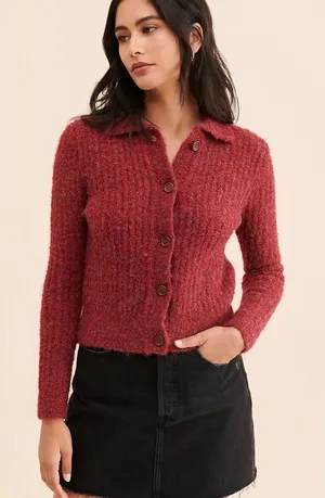 Free People Find‎ Me Now Sena Rib Knit Cardigan Maroon Burgundy Women’s Size M thumbnail 1