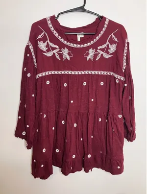Cato Peasant Top Women L Burgundy Good Embroidered Tiered Babydoll Boho thumbnail 1