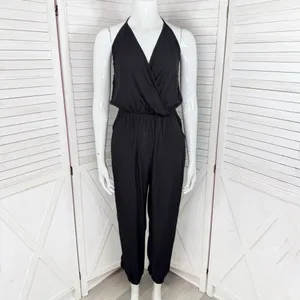 SHEIN Surplice Halter Top‎ Jogger Leg Jumpsuit Black Small thumbnail 2