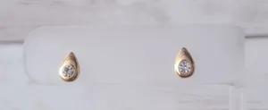 Vintage Stud Earrings Gold Tone & Clear Gem Teardrop Small & Dainty thumbnail 1