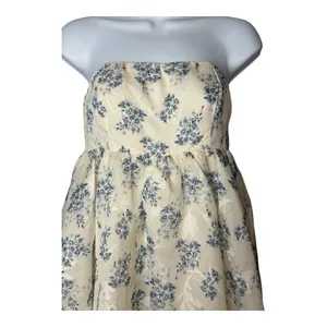 Cotton Candy LA Fit and Flare Dress Small Cream Blue Floral Strapless‎ Mini thumbnail 2