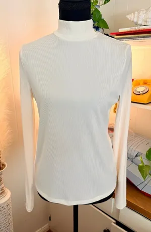 H&M Ivory Ribbed Mock Neck Long Sleeve Top Size Medium thumbnail 1