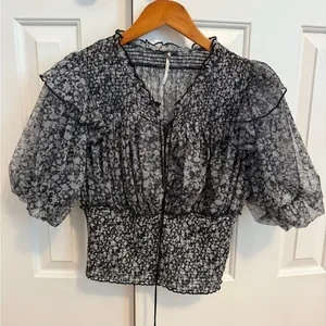 Free People Beatrice Mesh Blouse Top Floral Printed Ruffle Smocked Sz L thumbnail 4