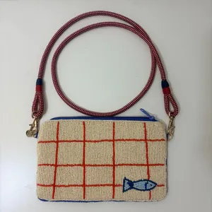 Ink+Alloy Beaded Sardine Tinned Fish Crossbody Bag Blue Red Rope Strap Pouch thumbnail 2