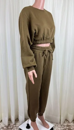 Zenana 2 Pcs Crop Top Tracksuit Jogger Pants Set Outfit Workout Active Lounge Olive Green Size Large thumbnail 6