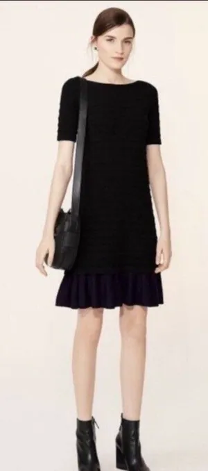 Tory Burch -715 Giselle Textured Merino‎ Wool Sweater Dress Black Ruffle Hem XS thumbnail 1