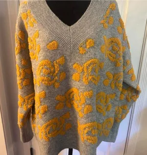Tribal Sweater Womens Plus Size 2X V-neck Gray Yellow Flowers Cozy Soft Stretch thumbnail 1