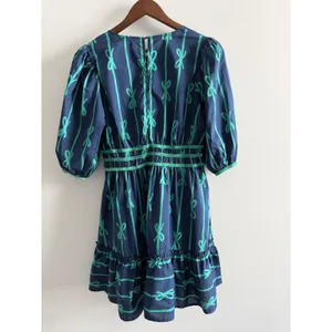 Umgee‎ Navy Blue Green Bow Print Cotton Midi Dress Medium Puff Sleeve thumbnail 3