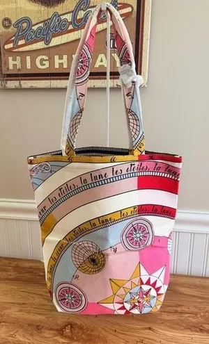 Tory Burch Celestial Canvas Tote Bag Moon Stars Pink Multicolor Large thumbnail 1