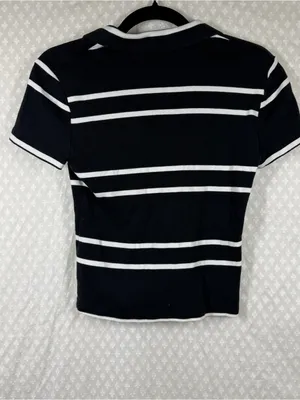 J. Crew Black White Striped Cotton Polo Top thumbnail 7