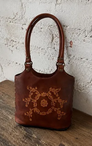 NWOT- Vintage Genuine Tooled Leather Whipstitched Mini Tote Bag Cognac thumbnail 1